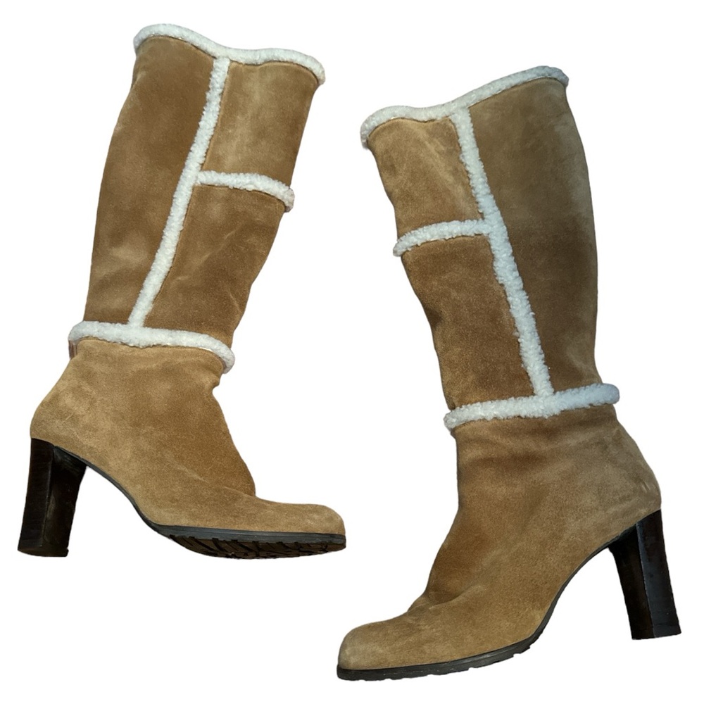 Stuart Weitzman Suede Shearling 3” Heel Rubber Sole Tall Shaft Boots 7.5M Spain